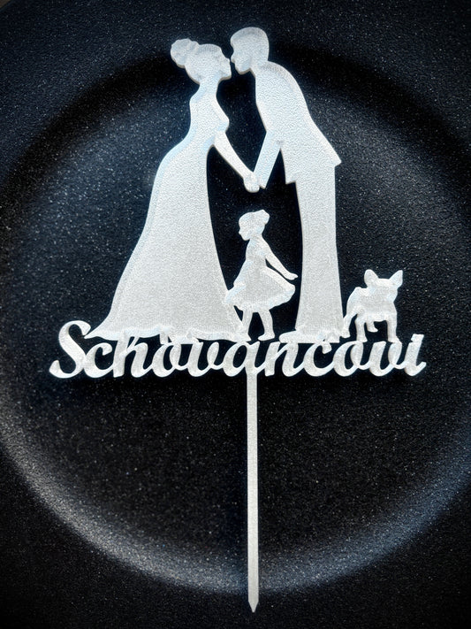 Zápich - Svatba - Novomanželé s holčičkou a pejskem s jménem na přání